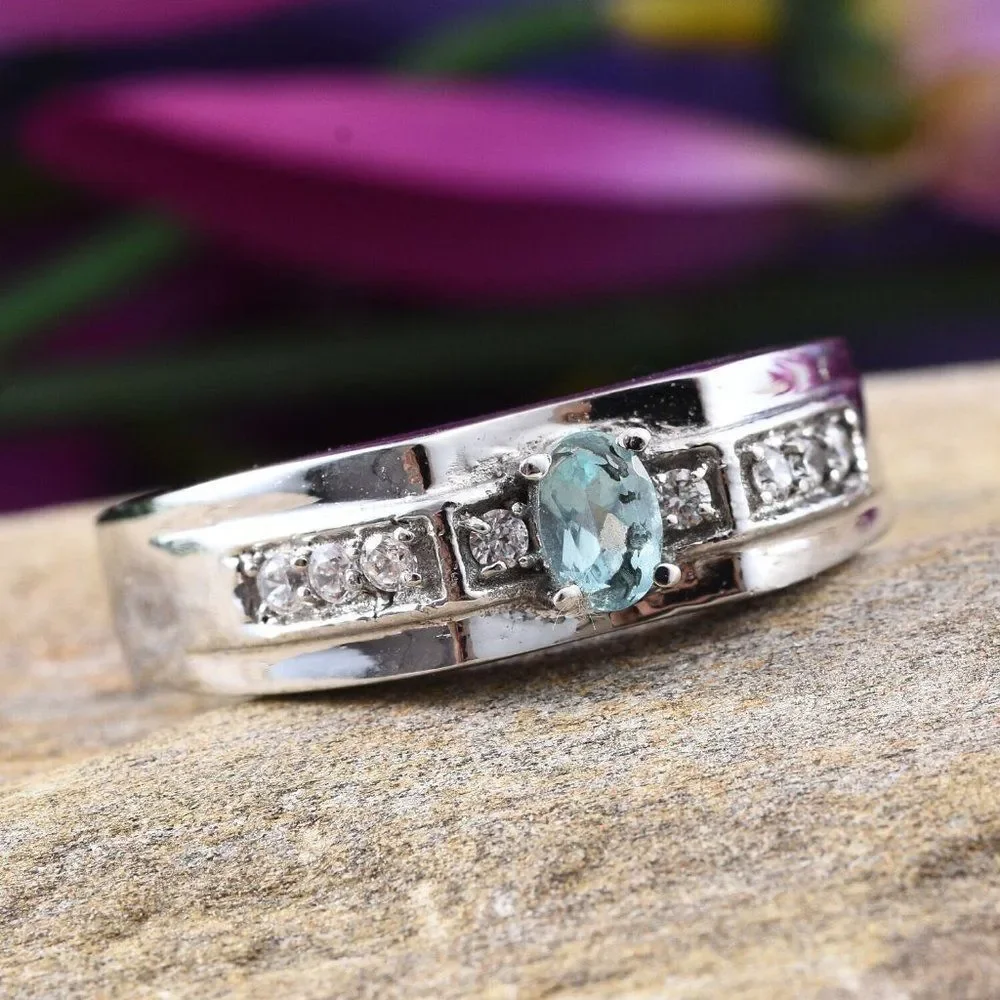 Madagascar Paraiba Apatite Simulated Diamond Stainless Steel Ring Size 14